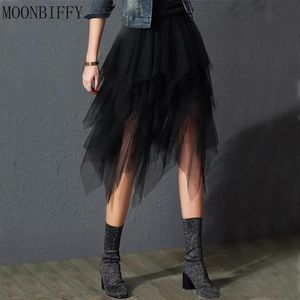 Oregelbunden tyllkjol Kvinnor Spring Mesh Summer High midja Up Party Casual Style Gothic Black Eesthetic Midi kjolar 240323