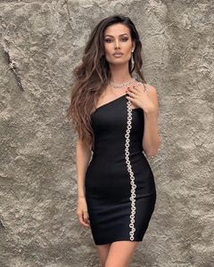 Casual Dresses Women Diamond Crystal Bandage Dress One Shoulder Black Red White 2024 Elegant Club Sleeveless Backless Mini Party Bodycon