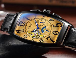 Sework New Black Gold Tonneau Tourbillon Automatyczne zegarek mechaniczny mężczyźni oryginalne skórzane paski mężczyźni zegar mężczyźni na rękę Y19056161232
