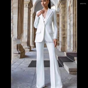 Женские брюки брюки белый костюм жемчужный дизайнерский дизайнерский вышивка Slim Fit Handmade