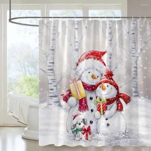 Shower Curtains Christmas Curtain Set Cartoon Snow Two Cute Snowmen Holding Gifts Kid Bath Year Decor Fabric Bathroom Hooks