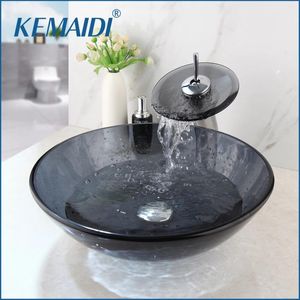 Bathroom Sink Faucets KEMAIDI Tempered Glass Vessel Faucet Bowl Waterfall Spout Round Basin & Cold Water Mixer Tap Counter Top