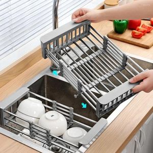 Kitchen Storage Retractable Stainless Steel Sink Drain Rack Vegetable Fruits Cleaning Basket Drying Accessory