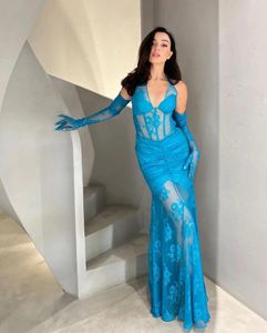 Lässige Kleider 2024 Frühlings Skyblue schwarze Frauen sexy Spitzenkörperbodycon Lange Meerjungfrau Kleid Handschuhe Elegante Abendparty Feiern Sie