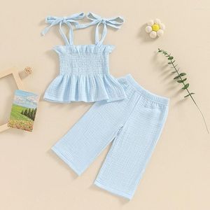 Clothing Sets Fashion Summer Kids Cotton Linen Toddler Girls Outfits Lace Up Sleeveless Camisole Tops Wide Leg Pants Set Baby Clothes