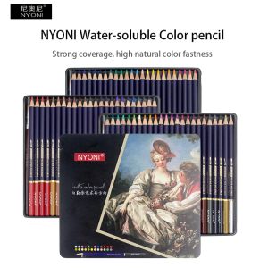 Pennor Nyoni Watercolor Pencil 12/24/36/48/72/100 Vattenlöslig livliga färgade pennor tennlådor ritning, skisskonsttillbehör