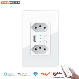 Plugs Smart ZigBee Wall Socket USB Electric Brazil Plug Brazilian Outlets PC Glass Panel Remote von Tuya Alexa Google Home Hub erforderlich