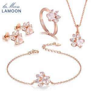 Tools LaMoon Bear's Paw Sterling Sier Jewelry Set Gemstone Rose Quartz S Rose Gold Plated Fine Jewelry for Women V0351