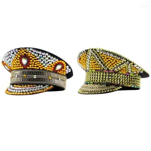 Berets Sparkling Captain Hat Golden Crystals Sequin