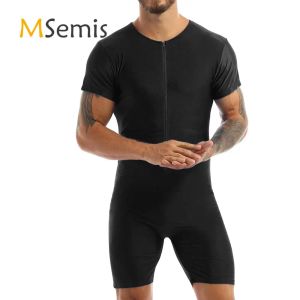 set Swimwear Mens Gymnastics Leotard Tight Bodysuit Short Sleeve Front Zipper Boxer Briefs Shorts Leotard Body Suit Male Jumpsuit