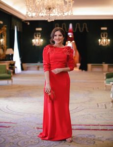 Elegant Arabic Backless Red Evening Dresses With Sleeves Column Long Formal Prom Party Gowns Turkey Custom Feather special occasio6665351