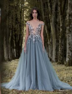 Dresses Paolo Sebastian Lace Prom Dresses Sheer Plunging Neckline Appliqued Party Gowns Cheap Sweep Train Tulle Beads Evening Gowns For Wo