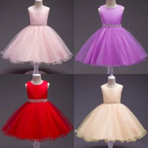 Vestidos de estoque de miçangas vestidos de concurso rosa de cristal para crianças jóias pesco