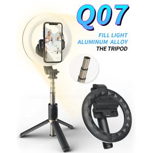 Monopods Kaiqisj Q07 Selfie Led Ring Light Wireless Bluetooth Selfie Stick Mini Stativen Handhållen utdragbar selfie -pinne med fjärrkontroll