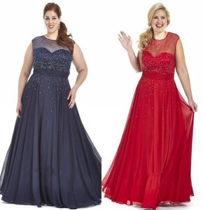 2022 Navy Blue Red Chiffon Plus Size Prom Dresses Plus Special Occasion Dress Bling Sequins Sheer Crew Cap Sleeve Plus Size Evenin5119843