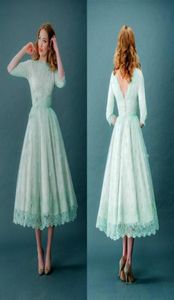 Vintage Lace Prom Dresses Bateau Neck Half Sleeves Mint Green Tea Length Spring Plus Size Backless Party Dress With Sleeves9142078