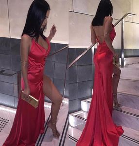 African Cheap Sexy Backless Red high Split Evening Party Dresses Sheath V Neck Plain Simple Satin Long Prom Gowns custom made8876341