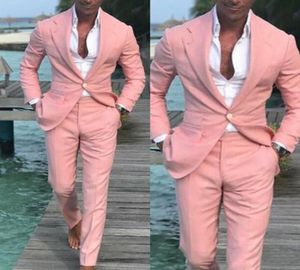 Summer Linen Pink Beach Wedding Wedding Tuxedos Peaked Lapel One Button Costume Groom Wear Formal Man Blazer Suits Pants Holida3118632