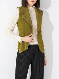 Women's Vests Miyake Women Sleeveless Pleated Vest Notched Collar Double Brewed Solid Color Short Coat 2024 Cardigan Cropped Top