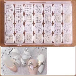 2024 Mixed 28 Grid Nail Accessories Pearl Rivet Steel Ball Shell Stick Gold Silver Foil Paper Nail Shop smycken Box - För nageltillbehör