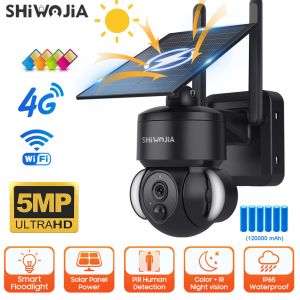 カメラShiwojia 5MP 4G SIM Camera With Solar Panel Security Camera PIR Monitor屋外ソーラーバッテリーPTZサーベイランスCCTVビデオカメラ