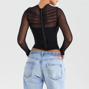 Camisetas femininas de malha sexy de malha transparente tops com zíper traseiro primavera no verão de manga longa de cor miúria colorido sólido ywfd005