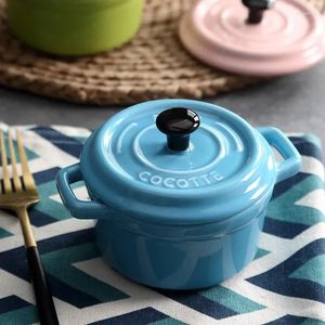 Bowls Kitchen Ceramic Soup Pot Double Ears Baking Bowl With Lid Microwave Oven Dessert Container Mini Casserole Home Cooking