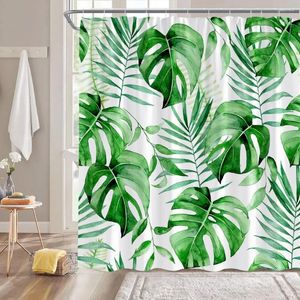 Cortinas de chuveiro folhas tropicais plantas de folha de palmeira verde conjunto de cortinas de banheira Decoração de banheiro de tecido de poliéster moderno com ganchos