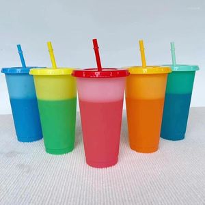 Mugs 5 Pcs Temperature Sensor Cooling Color Changing Cups 24oz Reusable PP Plastic Drinking Cup Tumbler With Lid Straw