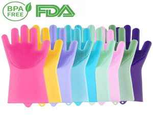 Återanvändbar silikon diskmedel handskar gummi skrubbshandskar rätter tvättar handskar med svampskrubber för tvätt kök1166594
