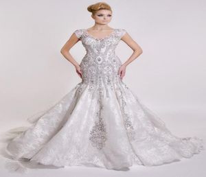 Luxury Formal Mermaid 2017 Wedding Dresses Crew Halsbindning Bridal ons klänningar med pärlstenshölje bling spets kortärmad bröllop5443081