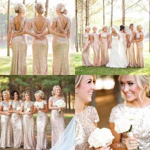 Hela Garden Golden Sequin Long Bridesmaid -klänningar med korta ärmar Juvelhals Billiga brudtärklänningar Bröllopsgäst DR8063952