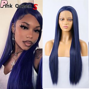 Long Style Dark Blue Large Women Chemical Fiber Perruques 13X4 Lace Front High Quality High Temperature Synthetic Laces Wigs Glueless Wig Windy s