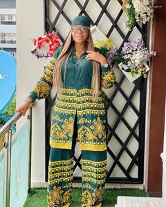 Etniska kläder afrikansk set kvinnor sommar modestil långärmhet två stycken set chiffong topp och polyesterbyxdräkt