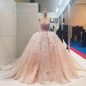 Vestidos 2019 de alta qualidade blush vestido de noiva rosa vestido de noiva com apliques 3dflorais e bola de ninhal de coleta de miçangas