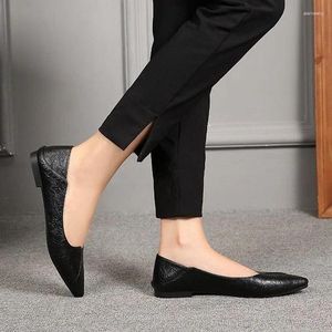 Lässige Schuhe flache Frauen 2024 Herbst Spitze flaches Mund Single weiches schwarzes Leder bequem arbeiten