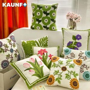 Pillow KAUNFO Green Embroidered Floral Sunflower Pattern Cover Covers Decorative For Sofa Car Home Decor 45x45cm 1PC