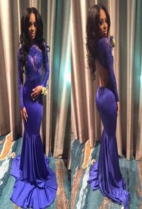 Royal Blue Mermaid Prom Dresses Backless med långa ärmar Illusion Bodice -applikationer Lace Elastic Satin Regency kvällsklänningar Cuta9838721