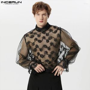 Men's T Shirts Incerun Tops 2024 Herr Sexig spets Jacquard Design T-shirts Casual Fashion Perspective Thin Bubble Long Sleeved Camiseta S-5XL