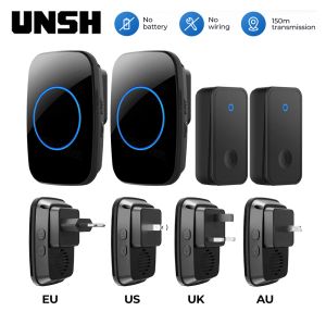 Doorbell Self Powered Waterproof Wireless DoorBell Door Bell Chime Kit Smart Home No Battery Electric EU UK US Plug 1 2 Button Receiver