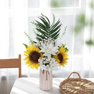 Decorative Flowers Sunflower Bouquet Mix Artificial Flower Fake Green Plant For Home Room Decoration Wedding Bridal Shower