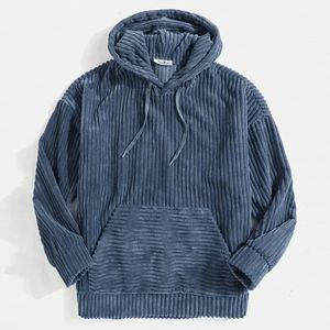 Toppsäljande herrtröja förtjockad corduroy långärmad solid känguruficka axel hoodie 240321