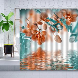 Duschgardiner kricka och orange orkidégardin set reflektion blomma växt tropisk palmblad målning zen dekor tyg polyester krokar