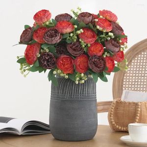 Flores decorativas Faux Silk Flower Decor Artificial Peonies Ramo realista com STEM 7 Cabeça para casa