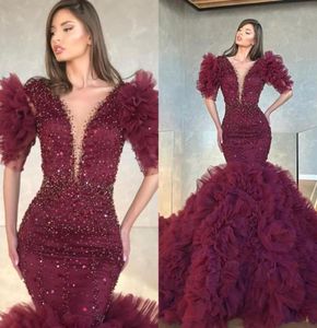 Arabic Aso Ebi Mermaid Evening Dresses Wear for Women V Neck Half Sleeves Crystal Beaded Ruffles Tiered Floor Length Prom Dress Pa2021077