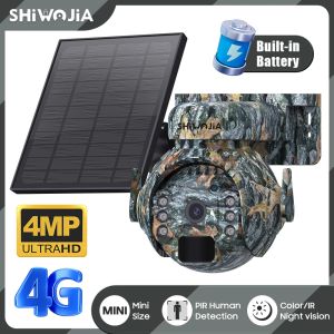 카메라 Shiwojia 4MP 4G 태양열 보안 카메라 WiFi 무선 실외 2K 360 ° 동물 모니터링 위장 컬러 배터리 PTZ 카메라