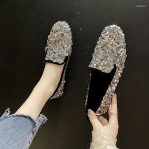 Casual Shoes Fashion Women's Flat 2024 Autumn Sequins Womenn Shiny Square Head Wedding Luxury