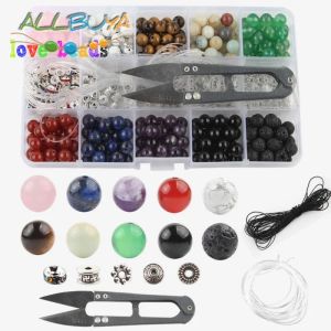 Gemstones 8mm Natural Stone Jewelry Kit Box Set Agates Lava Rock Bulk Stone Pärlor för DIY Handgjorda smycken Making Armelets förvaringslåda