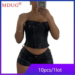 Women's Tracksuits 10sets Wholesale Two Piece Set Outfits Women Summer Sexy PU Zipper Strapless Tops Shorts Suits Fashion Solid Tracksuit