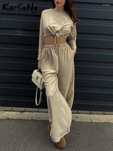 Calças de duas peças femininas elegantes casuais soltos de manga longa conjunto de top de altura da cintura larga perna larga feminino de cor de cor sólida vendas